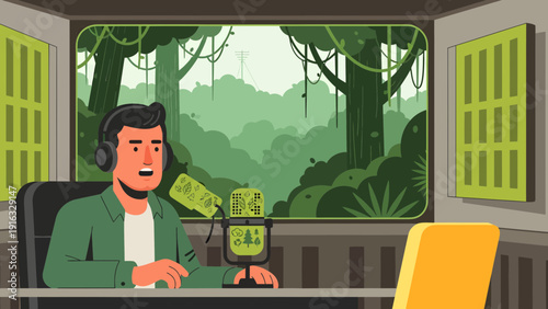 Podcast Host Broadcasting from Studio with Jungle View.