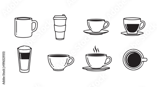 Wallpaper Mural Various Coffee Cups and Drinks Collection Line Art Style Torontodigital.ca