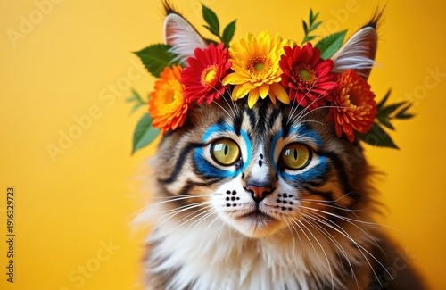 Cat wears flower crown and colorful face paint. Domestic animal has markings like sugar skull. Festive pet looks like day of dead character. Fun portrait.