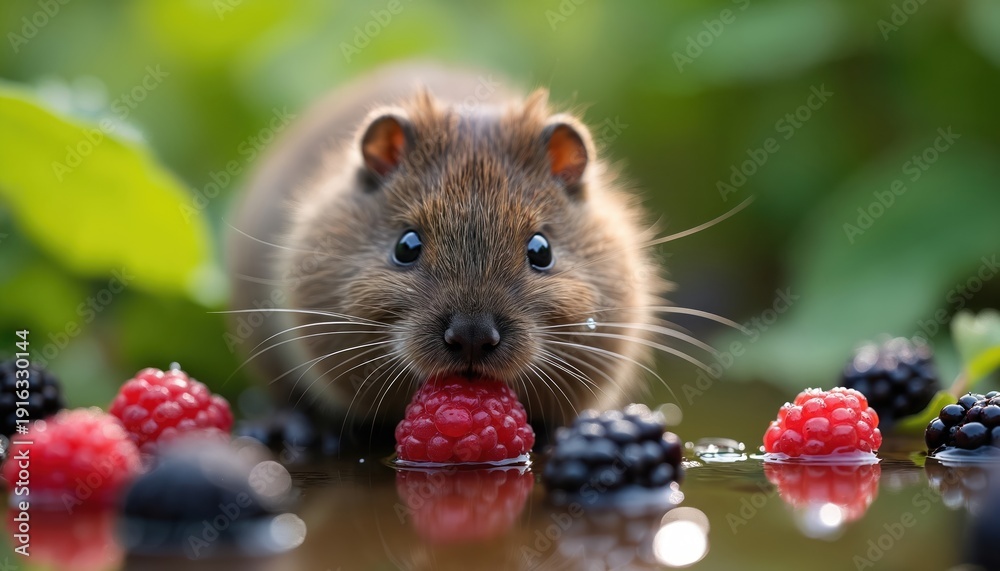 Naklejka premium Water vole eats ripe raspberry near blackberry. Small rodent with dark eyes and whiskers near berries in water. Cute mammal poses with fruit in summer nature. Fauna macro shot.