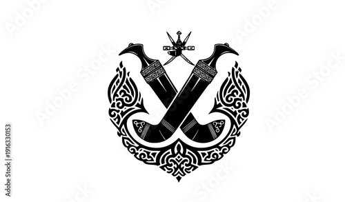 Oman inspired heritage emblem with crossed khanjar daggers vector isolated on white