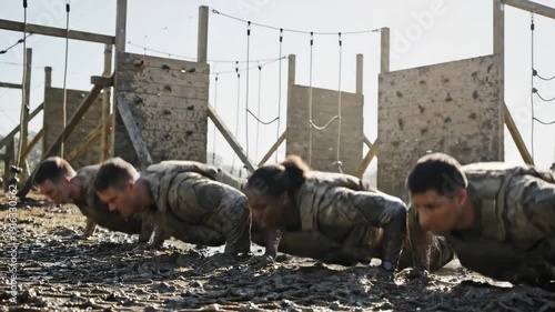 Soldiers doing push ups during an obstacle course race, showing determination and endurance in military training event