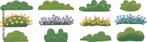 Decorative Garden Bushes with Blooming Flowers Collection, Colorful Landscape Shrubs and Green Foliage Elements for Park Design, Flat Vector Illustration Set