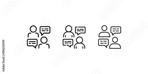 Three different communication and conversation icons showing groups of people talking with speech bubbles and dialogue
