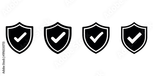 Set of four black shield icons with white check marks inside symbolizing protection security verified status and safety confirmation