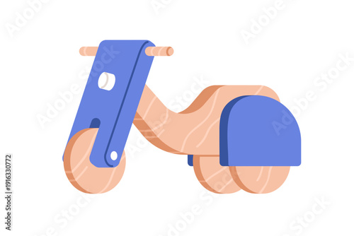 Toy scooter, kids vehicle. Wooden motorbike for toddler ride. Childrens transport with three wheels. Wood motorcycle, bike for kindergarten play. Flat vector illustration isolated on white background