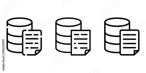 Three variations of database icon showing stacked cylinders with document or file symbol nearby perfect for data storage concept