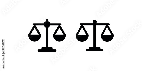 Two scales of justice icons showing balance measurement and equilibrium concept in solid black and outline style vector illustration