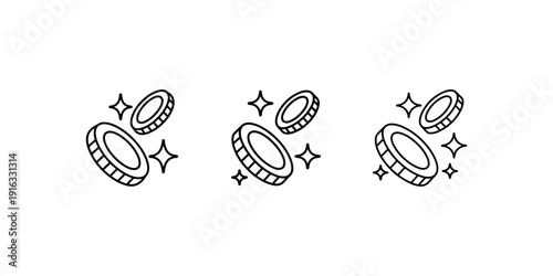 Group of three sparkling coins icons showing money value and wealth concept in simple outline style