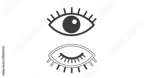 Simple graphic design showing an open eye symbol above a stylized closed eye with distinct eyelashes