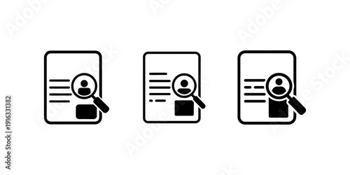 Curriculum vitae search icon set showing human profile on document under magnifying glass for recruitment hiring process and talent acquisition research