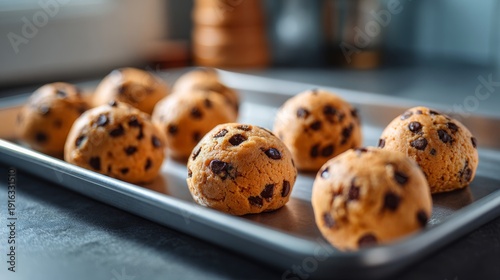 Freshly prepared chocolate chip cookie dough balls on a baking tray, ready for the oven.
