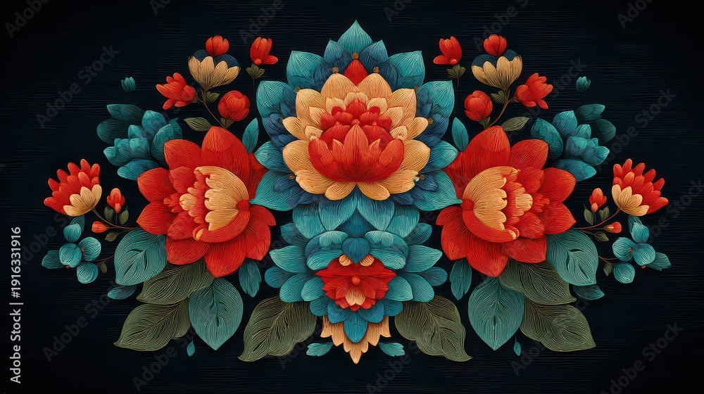 Vibrant Floral Pattern with Blue and Red Flowers on Dark Background