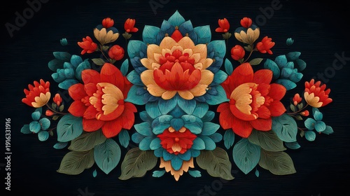 Vibrant Floral Pattern with Blue and Red Flowers on Dark Background