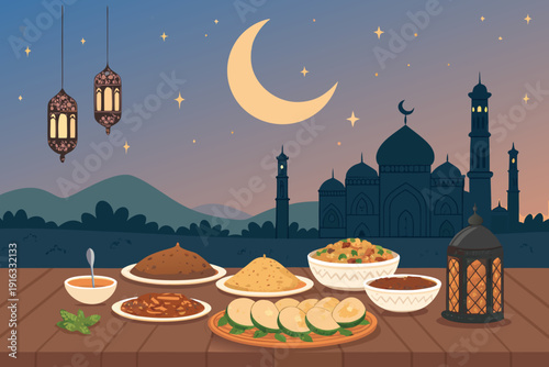 Ramadan Evening Meal With Plates Food Soft Creative Visual Ideal for Marketing