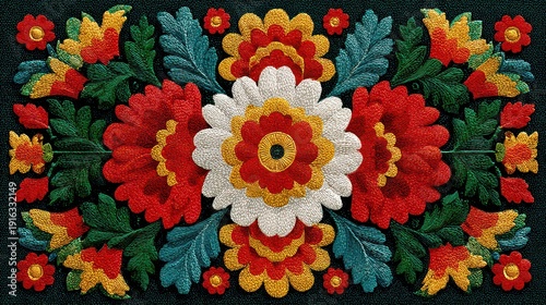 Vibrant Floral Embroidery Design with Red, White, and Yellow Flowers