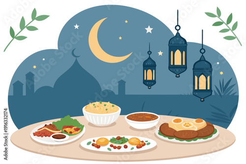 Crisp Ramadan Evening Meal With Plates Food Soft Professional Photo
