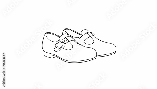 Children's Mary Jane Shoes, Buckle Strap, Line Art, Isolated on White Background