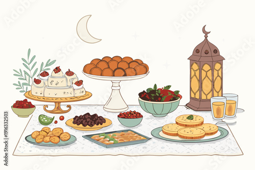 Showcasing Ramadan Food Table With Fruits And Desserts Eleg Stunning Creative Visual