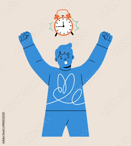 Boy wake up in the morning. Colorful vector illustration