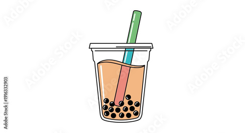 Bubble Tea Drink with Tapioca Pearls and Straw in a Clear Plastic Cup