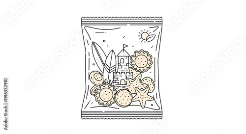 Summer Beach Vacation Cookies in a Bag: Sandcastle, Surfboard, Sun, Seashells