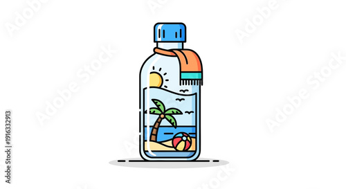 Summer Vacation in a Bottle: Tropical Beach Scene with Palm Tree and Beach Ball