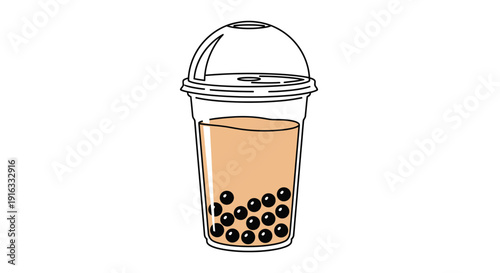 Bubble Tea Drink with Tapioca Pearls in a Clear Plastic Cup, Minimalist Line Art Illustration