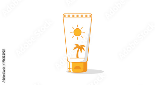 Sunscreen tube with sun and palm tree icon, summer protection concept