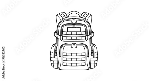 Tactical Backpack Line Art Drawing, Military Style Rucksack Outline, Outdoor Gear