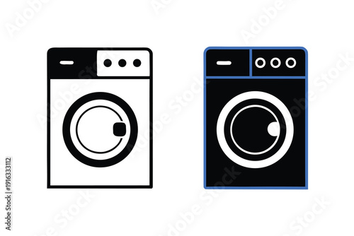 Washing machine icons set with outline and solid versions for laundry and home appliance design