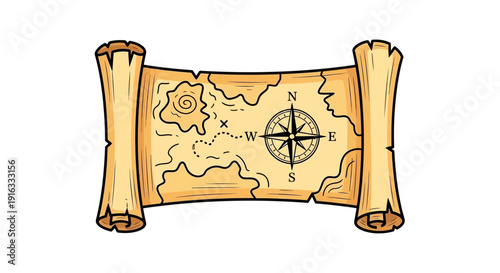 Treasure Map with Compass and X Marks the Spot