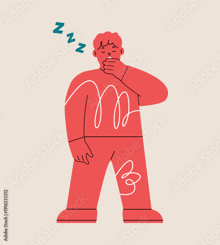 Boy yawning feeling sleepy. Colorful vector illustration
