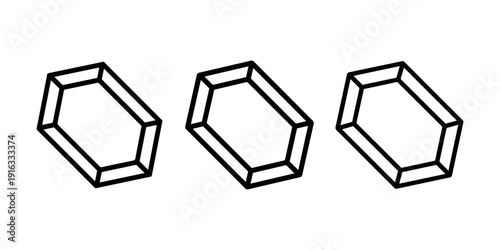 Three black and white linear gem icons illustrate simple hexagonal gemstone shapes in a row. Isolated on a white background