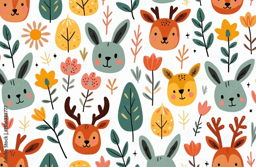 Naklejka premium Cute woodland animals like deer and rabbits feature in this repeating folk art pattern. Stylized flowers and leaves add a playful touch to the festive, whimsical design perfect for kids decor.