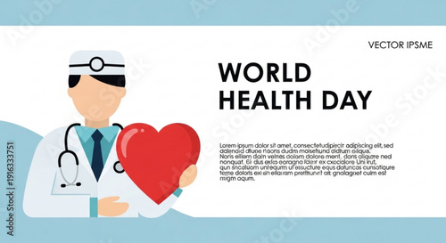 Doctor holding red heart illustration for world health day campaign with stethoscope and medical hat on white background