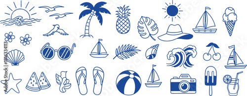 A comprehensive collection of blue outline summer beach vacation icons, perfect for travel and leisure designs and projects.