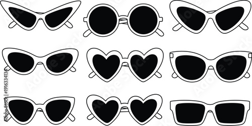 Diverse collection of stylish sunglasses designs, featuring cat-eye, round, heart, and rectangular frames in black and white line art illustration.