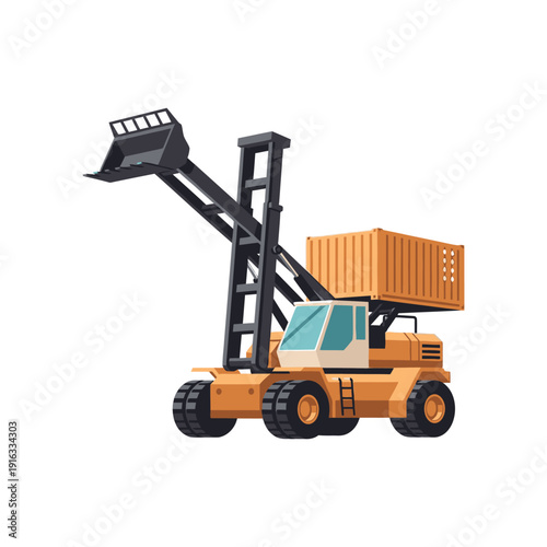Forklift truck lifting container in industrial setting, viewed from side, graphic illustration