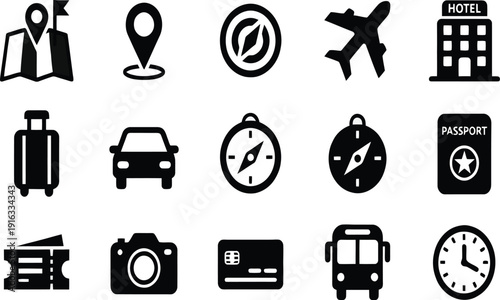 Set of 12 travel icons vector, black on white background