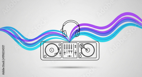 Dj controller with headphones and flowing sound waves in purple and blue hues symbolizing music and entertainment technology