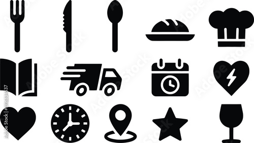 Set of 16 black flat icons vector, food, restaurant, web design elements