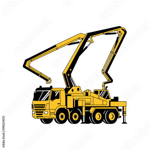 Yellow concrete pump truck with extended boom arms, side view, industrial illustration on white background