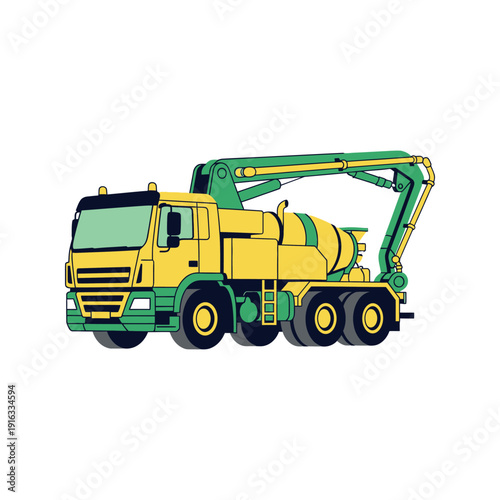 Illustration of a yellow and green cement mixer truck on a white background