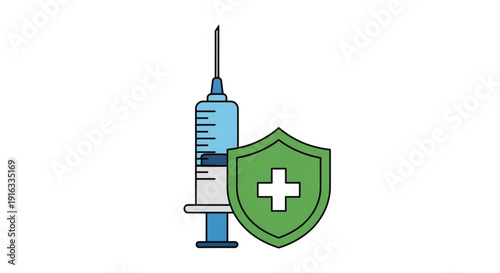 Medical syringe and green shield with white cross symbolizing vaccination and health protection against diseases