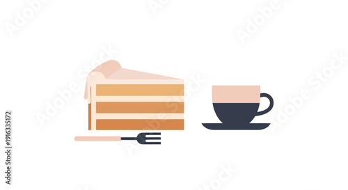 Simple illustration featuring a delightful layered cake slice served alongside a stylish cup of coffee and a fork.