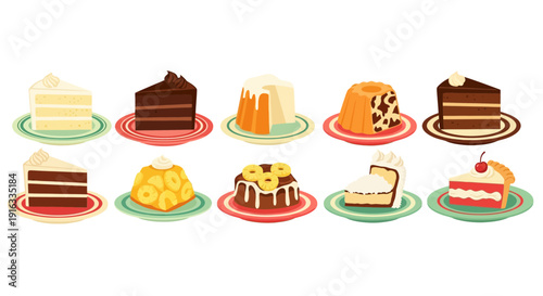 Collection of ten diverse dessert slices including chocolate, vanilla, pineapple, and various cake varieties