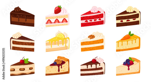 Twelve delicious slices of various types of frosted layered cake desserts