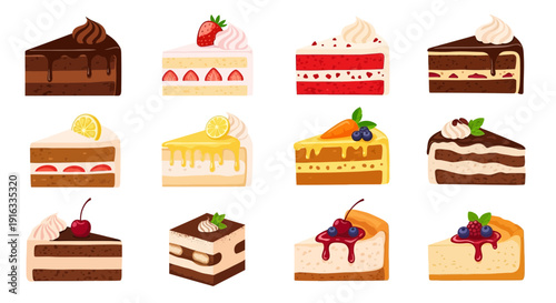 Collection of twelve delicious and colorful assorted dessert cake slices