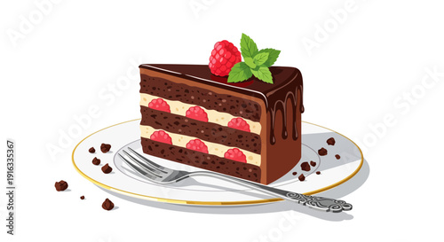 Delicious slice of rich chocolate raspberry layer cake dessert served